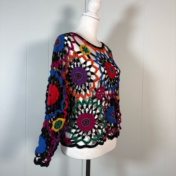 Vintage Crochet Knit Sweater Women’s L Hippie Festival Beaded Long Sleeve - Picture 4 of 7